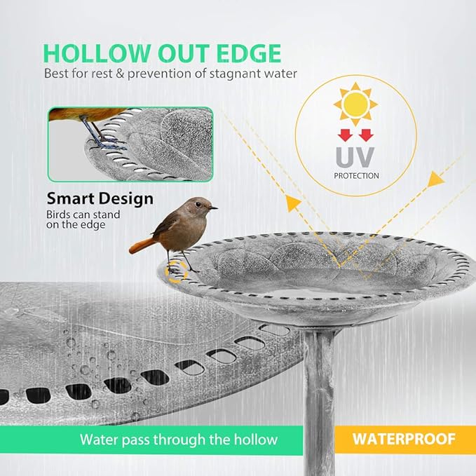 VIVOHOME Bird Bath for Outside, Polyresin Pedestal Bird Baths for Outdoor, Garden, 28 Inch Height Weather-Resistant Birdbaths with 20" Bowl, Gray
