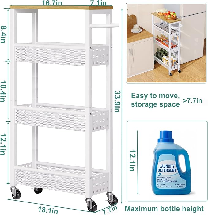 Laundry Room Slim Rolling Cart with Wheels for Between Washer and Dryer Gap | Utility Narrow Laundry Room Organization and Storage Shelves, White Skinny Shelf with Table Top,Detergent Organizer Cabinet