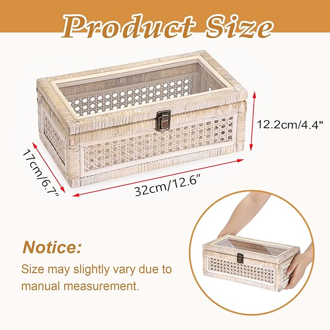 Hipiwe Rattan Display Box with Clear Lid Decorative Storage Basket, Medium | Shelf Organizer Basket Bins with Glass Top Lid for Home Decor, Ideal for Dresser, Kitchen and Bathroom, 12.6" x 6.7" x 4.4"