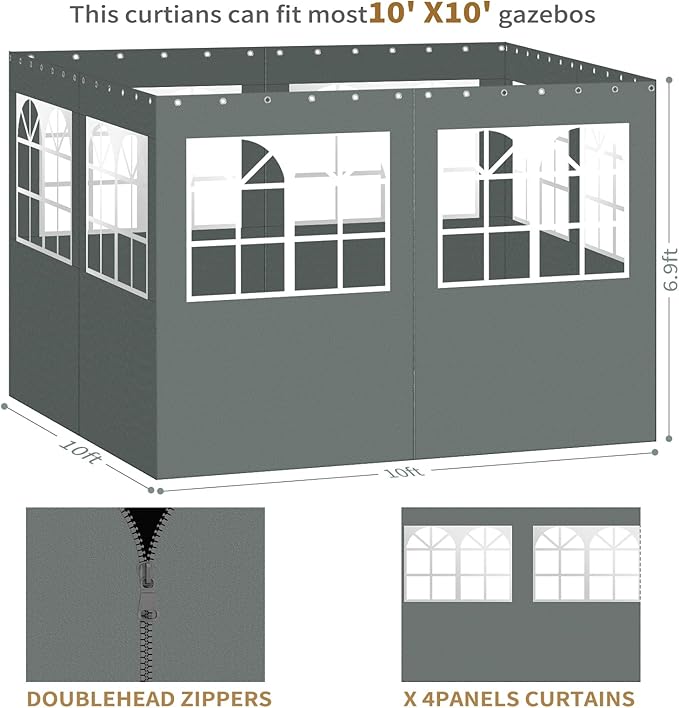 Gazebo Privacy Curtains 10' x 10' with PVC Windows, 4-Panels Side Wall with Zipper Universal Replacement for Patio, Outdoor Canopy, Garden and Backyard, Gray