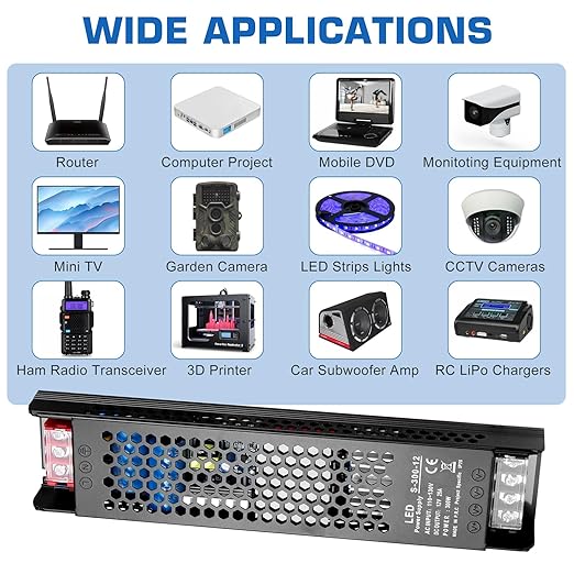 LED Driver 12V 300W 25A Slim LED Power Supply, AC 110V to 12V DC Adapter, Constant Voltage LED Transformer for Strip Lights, Bulbs, Garden and Cabinet Lights