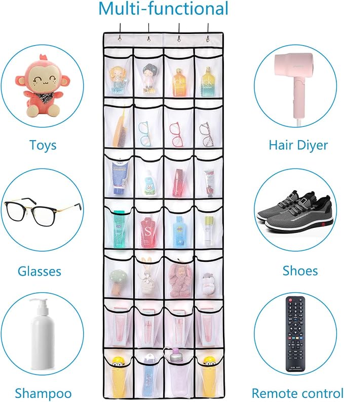 REGELETO 28 Large Pocket Over the Door Shoe Organzier, Hanging Shoe Rack for Door Large Capacity Shoe Organizer Holder with 4 Metal Hooks.