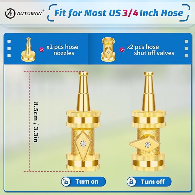 AUTOMAN Brass Hose Nozzle - High Pressure Jet Nozzle 4 Count (2 Set), Heavy Duty Water Hose Sprayer Sweeper with Hose Shutoff Valve, 3/4” GHT Nozzles for Garden Hose, Car Wash, Extra 10 Rubber Washers