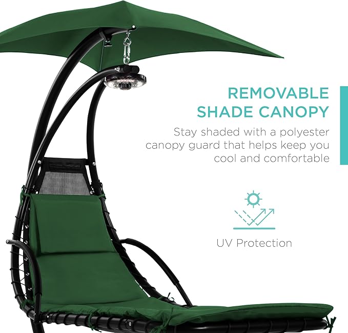 Best Choice Products Hanging LED-Lit Curved Chaise Lounge Chair Swing for Backyard, Patio, Lawn w/ 3 Light Settings, Weather-Resistant Pillow, Removable Canopy Shade, Steel Stand - Green