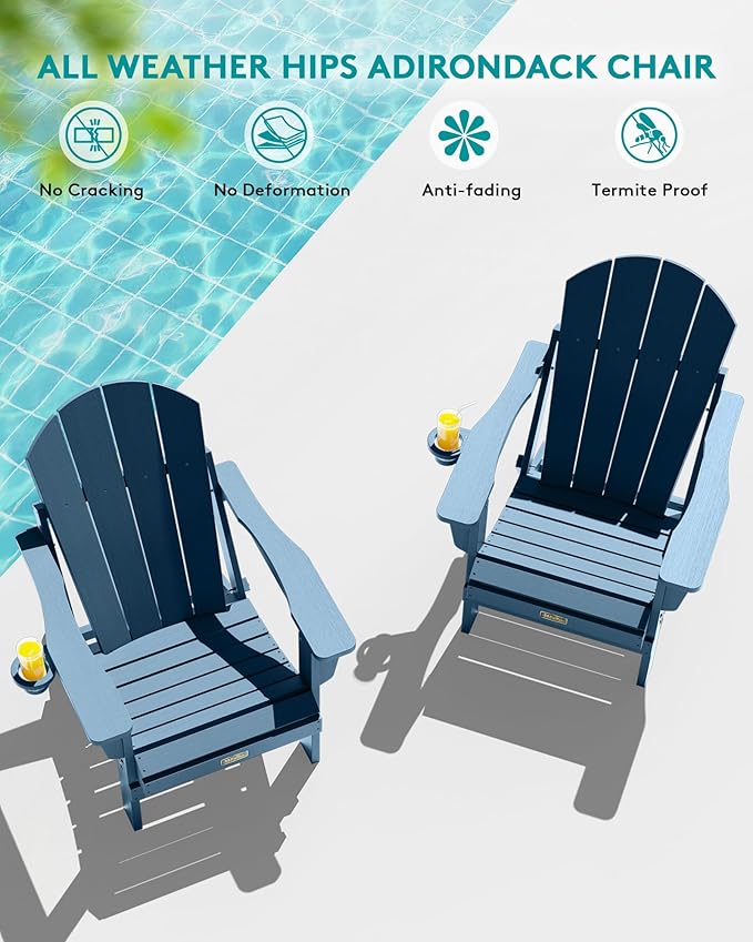 SERWALL Folding Adirondack Chair with Cup Holder Set of 4, Weather Resistant HIPS Patio Chairs, Wooden Textured, Fire Pit Chairs for Garden Outdoors Fire Pit - Blue