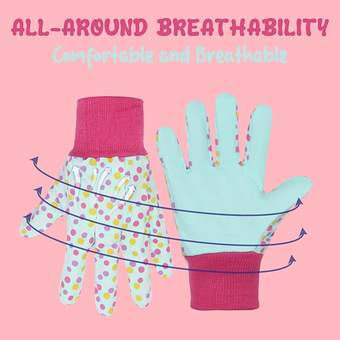 HANDLANDY 4 Pairs Kids Gardening Gloves, Girls Boys Children Garden Work Play Gloves (Pink Dot, Small)
