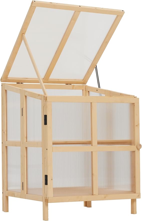 Echo Voyage 2 Tier Foldable Cold Frame Greenhouse, Portable Wooden Greenhouse Garden Cold Frame Raised Planter Box with Shelves (Natural Wood)