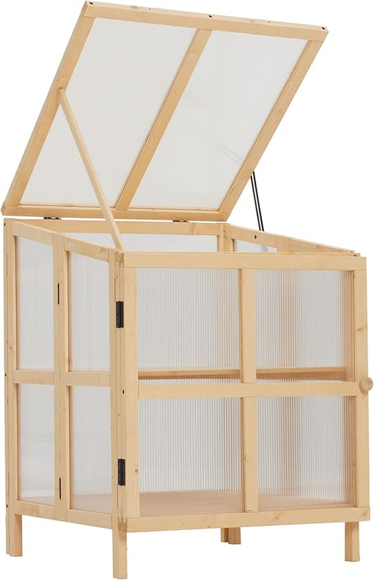 Echo Voyage 2 Tier Foldable Cold Frame Greenhouse, Portable Wooden Greenhouse Garden Cold Frame Raised Planter Box with Shelves (Natural Wood)