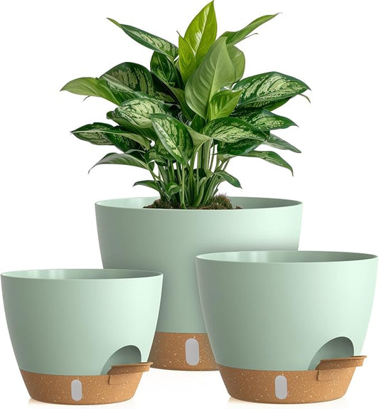 Self Watering Pots with Drainage Holes, 3 Pack 12/10/8 Inch Plant Pots with Water Level Indicator Deep Reservoir, Large Plastic Planter for Indoor Outdoor Plants - Green Brown