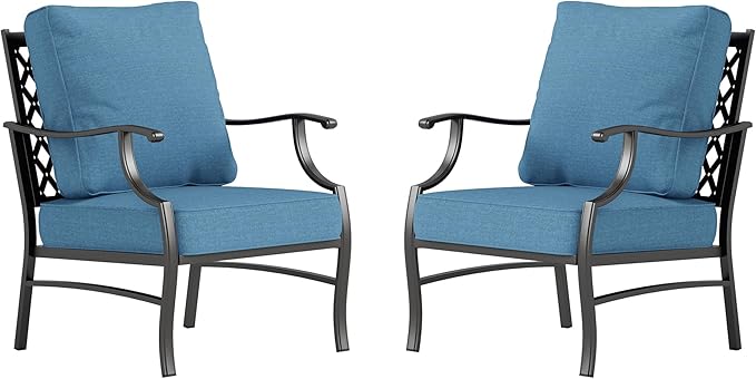 SUNSHINE VALLEY Metal Patio Chairs Set of 2 with 5.75" Extra Thick Cushion, 2 Pieces High Back Outdoor Patio Chairs All Weather Outdoor Furniture Seating for Deck Backyard Front Porch, Denim Blue