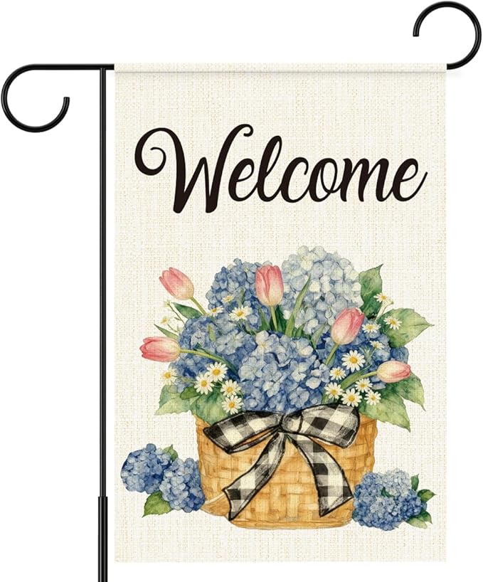 Welcome Flags for Outside,Spring Hydrangea Garden Flag for Yard Patio Lawn Decoration,12x18 Inch Double Sided