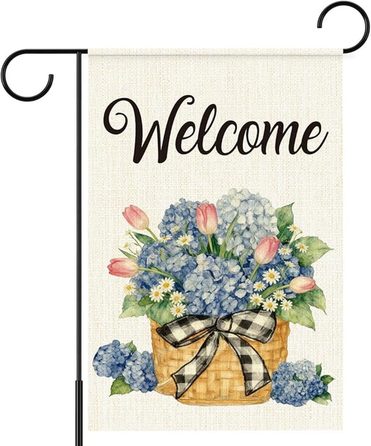 Welcome Flags for Outside,Spring Hydrangea Garden Flag for Yard Patio Lawn Decoration,12x18 Inch Double Sided