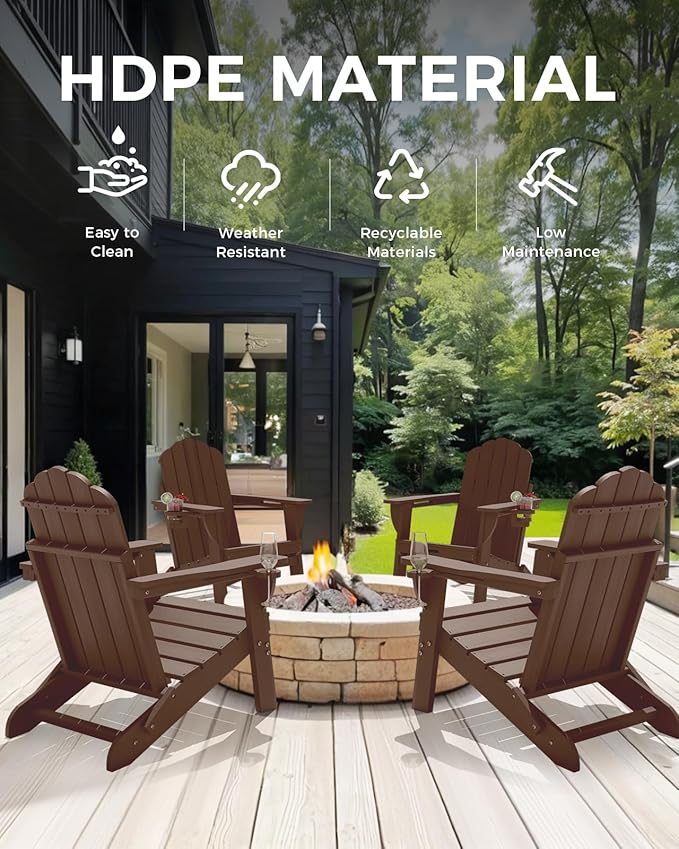Adirondack Chair, HDPE Material Fire Pit Chairs, Plastic Adirondack Chairs with 2 Cup Holder, Outdoor Lawn Chair for Patio Garden, Brown