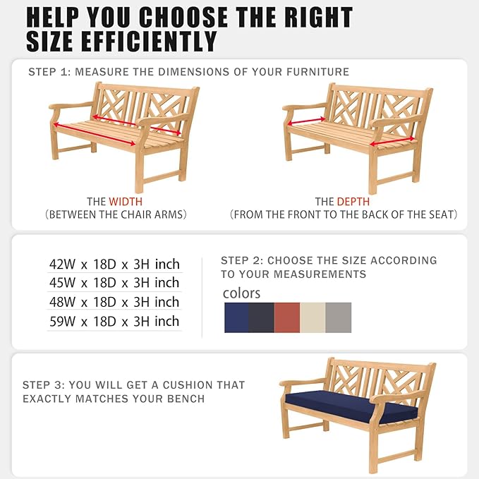 Favoyard Outdoor Bench Cushion 59 x 18 Inch Waterproof Patio Furniture Cushions 3-Year Color Fastness Garden Sofa Settee Couch Swing Pads with Handle and Attach Ties, Blue