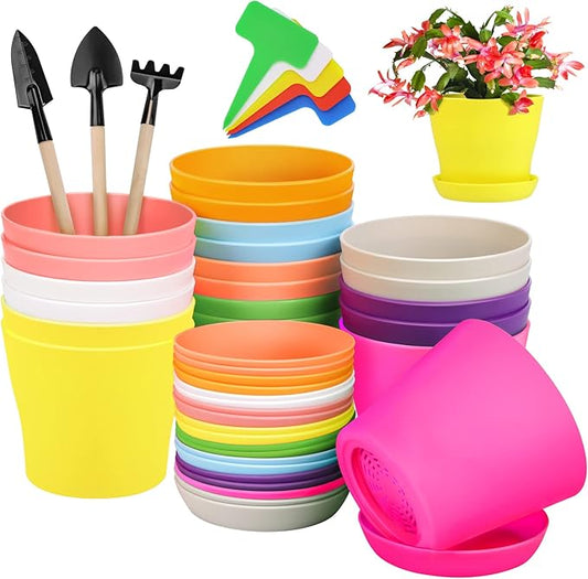 Hahood 20 Pack Plastic Planters 4 Inch Plant Flower Pot with Trays, Seedlings Nursery Pots Planter Flower Container Seed Pots for Seedling, Transplanting, Cutting, Assorted 10 Colors