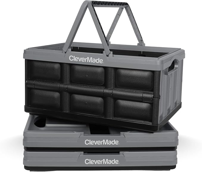 CleverMade Collapsible Shopping Basket, 32L Storage Crate, 3 Pack, Stone