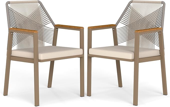 Aluminum Outdoor Patio Dining Chairs - Imitation Rope Vine Chair Ergonomic Backrest Design Detachable Seat Cushion Soft and Breathable Garden Porch Light Brown Set of 2