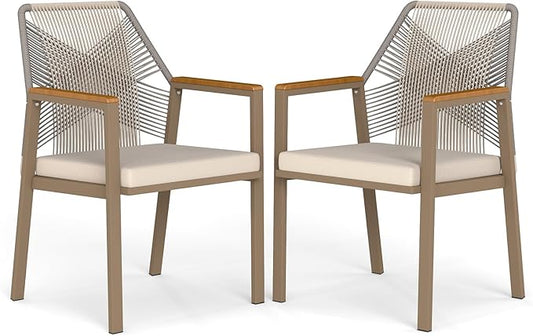 Aluminum Outdoor Patio Dining Chairs - Imitation Rope Vine Chair Ergonomic Backrest Design Detachable Seat Cushion Soft and Breathable Garden Porch Light Brown Set of 2
