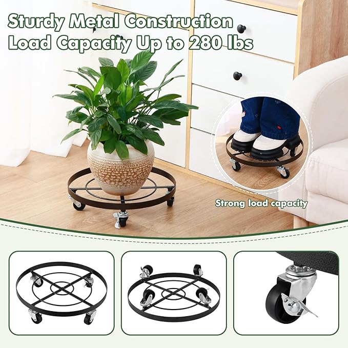 3 Packs Large Metal Plant Caddy 12.6” Plant Dolly with Wheels Heavy-duty Wrought Iron Rolling Wheeled Plant Stand with Casters for Indoor and Outdoor Plant Pot Rollers, 12" Clear Plant Saucers Included
