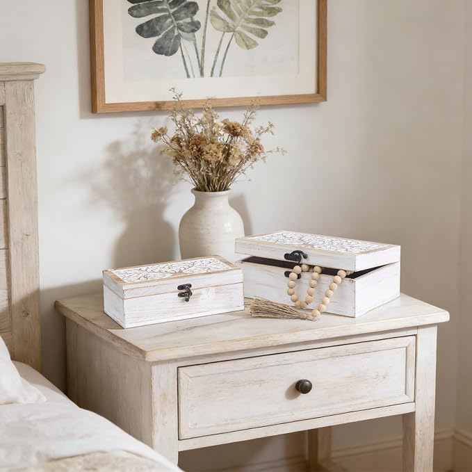 2 Piece Tree of Life Carved Wooden Keepsake Boxes with Lids, Decorative Storage Boxes for Home Decor, Trinket Box for Jewelry and Memorabilia