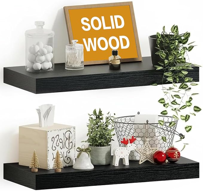 Solid Wood Floating Shelf, Wall Mounted Display Bookshelf for Bedroom, Bathroom, Kitchen, Living Room, Decor Wall,Set of 2 (Black, 15.75'W *9.25" D*1.57" H,Set of 2)