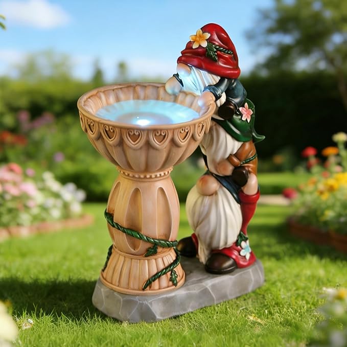 Sheaifun Garden Gnomes Outdoor Gnomes Garden Decorations for Yard Colorful Lights Resin Solar Outdoor Statues with Bird Bath Feeder Outside Lawn Patio Housewarming Gifts 6.25 * 4.25 * 9.25 Inch