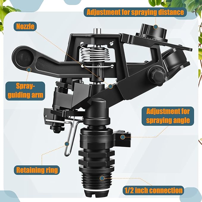 Honoson 1/2 Inch Plastic Impact Sprinklers Heads Adjustable 0-360 Degree Pulsating Oscillating Watering Sprinkler Head for Garden Law Grass Yard Irrigation Supplies(4 Pcs,Black)