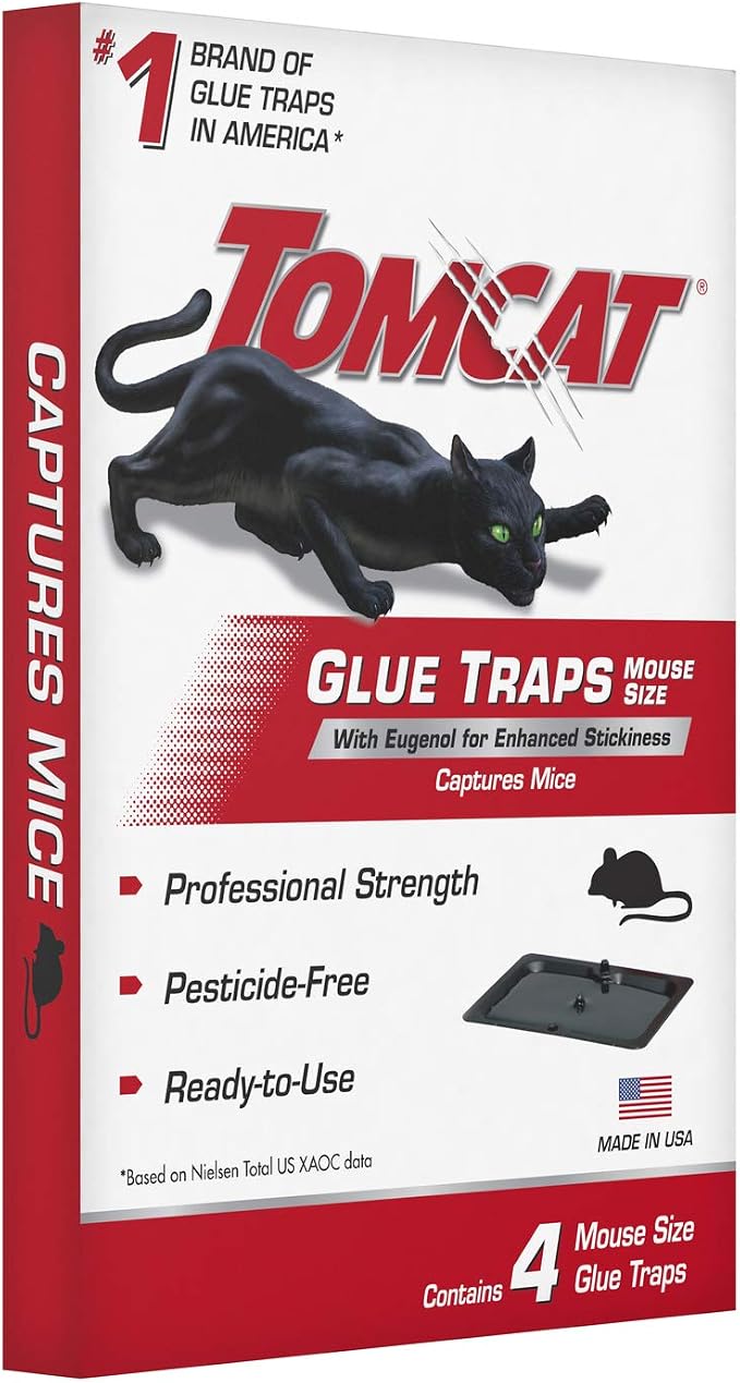 Tomcat Glue Traps Mouse Size with Eugenol for Enhanced Stickiness, 16 Traps | Sticky Pads For Mice, Cockroaches, and Spiders, 4 Packages with 4 Glue Traps Each