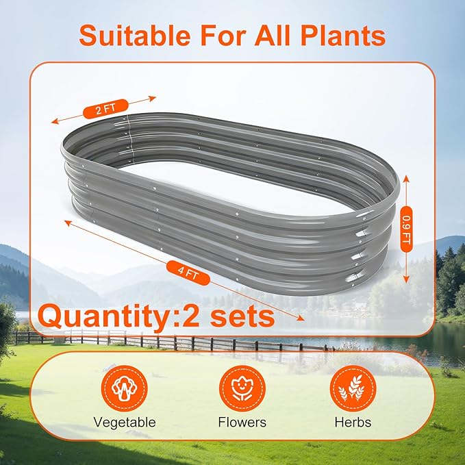 Rakukiri Raised Garden Bed Outdoor 2 Sets Oval Large Coating Metal Planter Box with No Heavy Metal for Vegetables, Flowers, Herbs