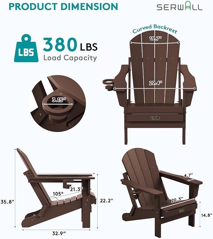 SERWALL Folding Adirondack Chair Set of 6, Weather Resistant HIPS Lawn Chairs with Cup Holder for Backyard, Garden (Folding Coffee)