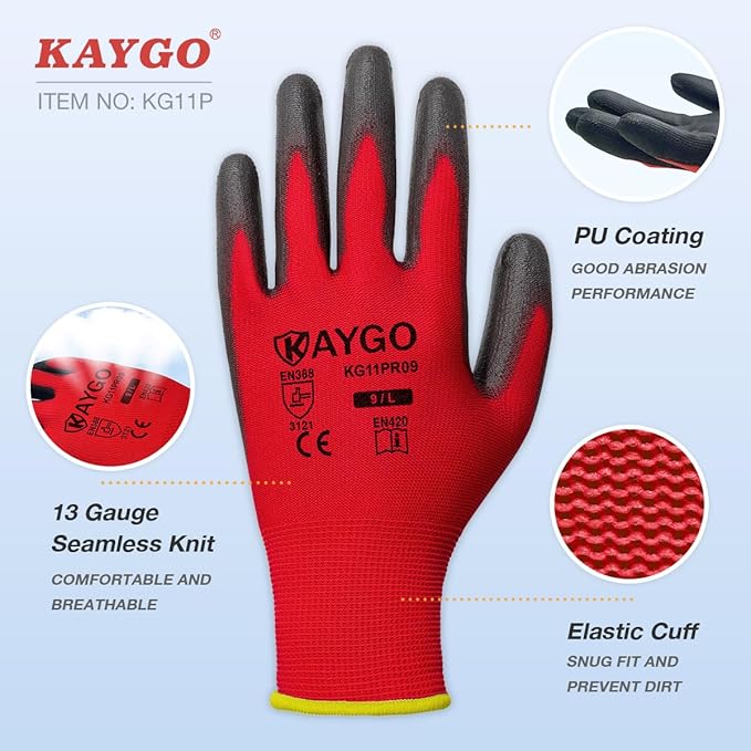 KAYGO Work Gloves for Men and Women, 12 Pairs Seamless Knit PU Coated Safety Gloves, with Smooth Grip on Palm and Fingers, Ideal for Light Warehouse, Manufacturing, Gardening, KG11P (L, Red)