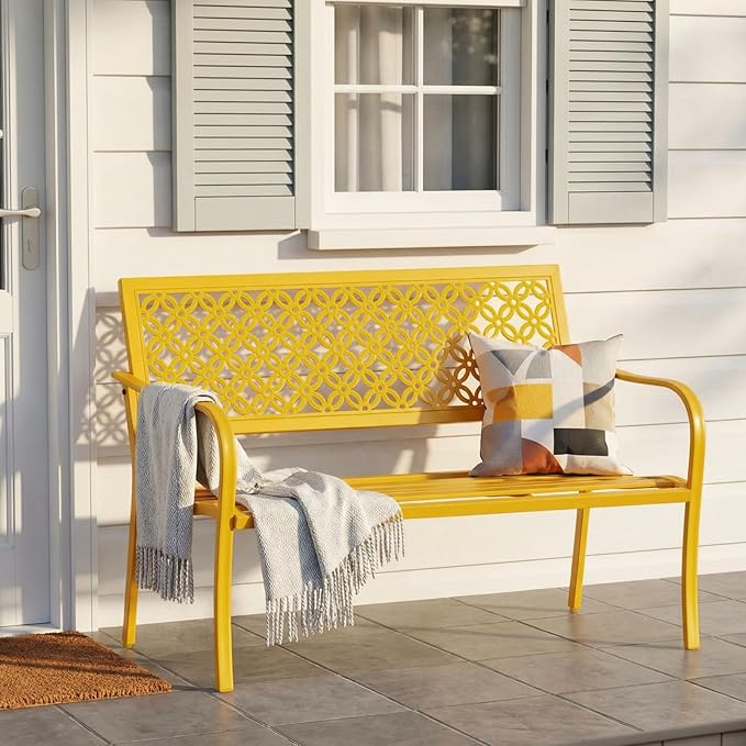 50" Outdoor Bench Weatherproof, 700 lbs Capacity Heavy Duty Garden Benches with Galvanized Metal Frame, Patio Bench with Floral Backrest, Patio Furniture for Porch, Park, Yard, Entryway, Yellow