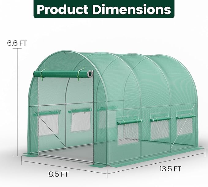 Greenhouse, 13'×8'×7' Walk-in Greenhouses for Outdoors, Large Plant Hoop Green House with 6 Ventilated Mesh Windows, Green Houses for Outside Heavy Duty with Reinforced Frame & High Strength PE Cover