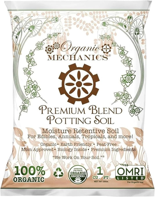 Organic Mechanics Premium Blend Potting Soil, 1 Cu Ft - Moisture-Retentive, Peat-Free, Compost - Enriched Mix with Worm Castings & Perlite for Houseplants, Annuals, Veggies & Tropical Plants