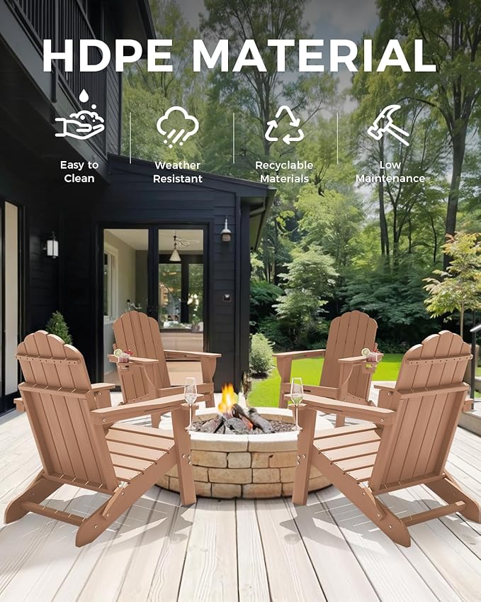 Adirondack Chairs Set of 4, HDPE Material Fire Pit Chairs, Plastic Adirondack Chairs with 2 Cup Holder, Outdoor Lawn Chair for Patio Garden, Teak