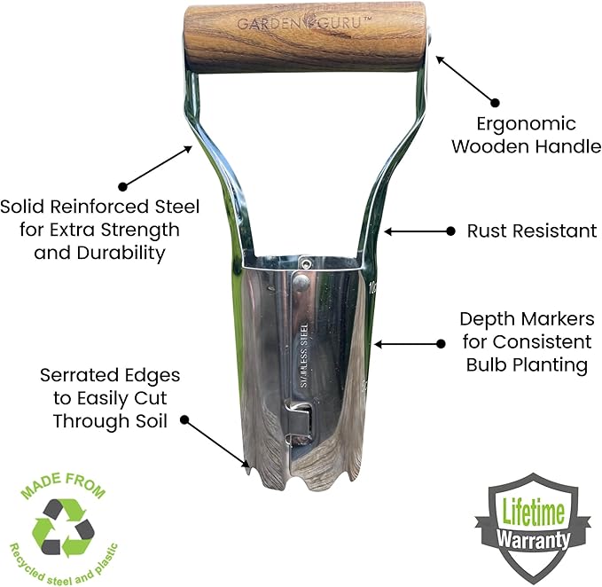 Garden Guru Eco Bulb Planter - 100% Recycled Stainless Steel - Rust Resistant - FSC Certified Wood Ergonomic Handle - Depth Marker for Consistent Planting Flowers Tulips, Daffodils, Dahlias (2 Pack)