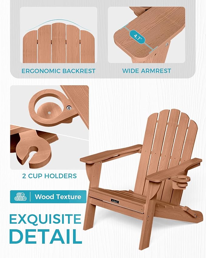 Adirondack Chairs Set of 6, Fire Pit Chairs, Wood Texture Patio Chairs with 2 Cup Holder, Outdoor Lawn Chair, Teak