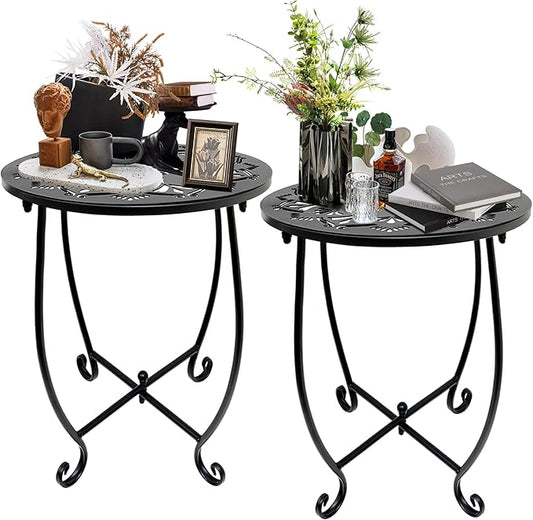 Fashion&cool 2 Pack Outdoor Side Tables for Patio,14 Inch Weather Resistant Metal Round Outdoor Plant Stand Side Table, for Patio Yard Porch Balcony Garden Bedside Indoor Outdoor