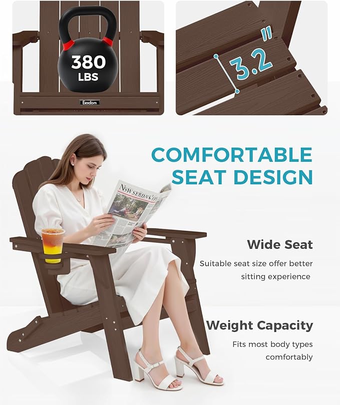 Adirondack Chair, HDPE Material Fire Pit Chairs, Plastic Adirondack Chairs with 2 Cup Holder, Outdoor Lawn Chair for Patio Garden, Brown