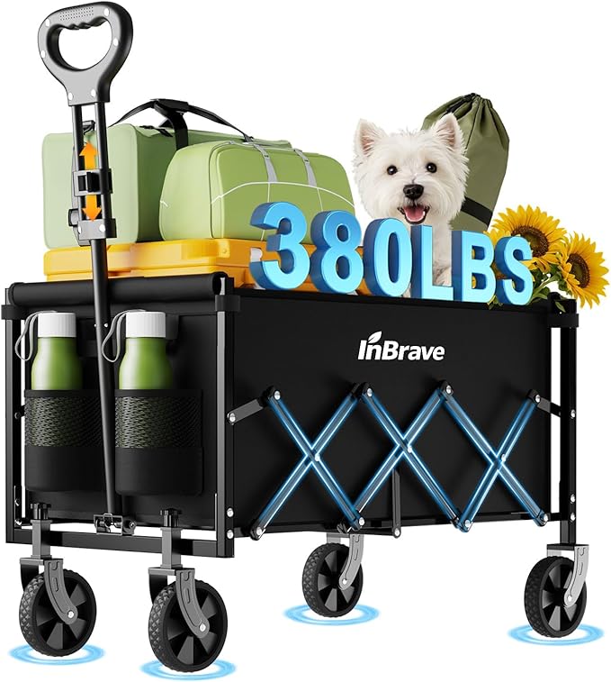 Collapsible Wagon Cart Foldable Beach Wagon with All-Terrain Wheels - 380 LBS Heavy Duty Grocery Cart for Shopping, Beach, Camping, Sports, Garden (Black)