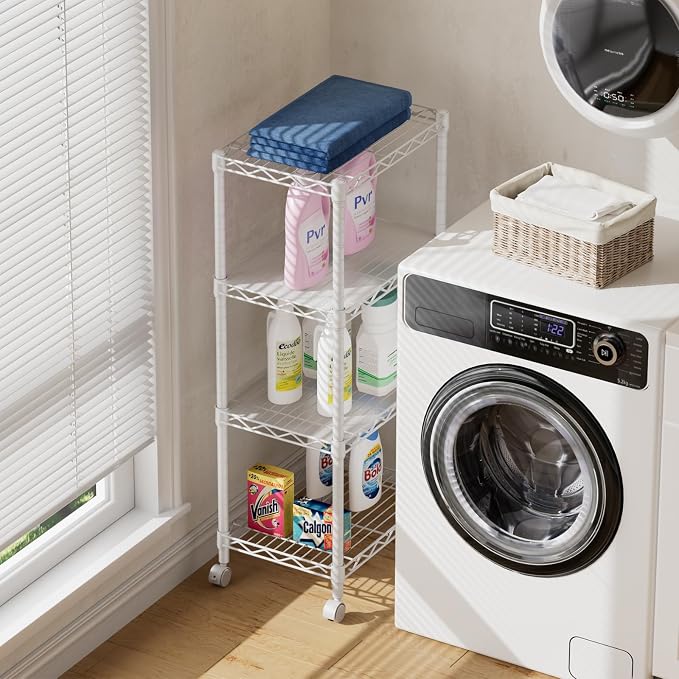 SINGAYE 4 Small Shelves Storage Shelf Wire Shelving Unit Metal Shelf Adjustable Organizers Storage Shelving with Wheels for Bathroom Laundry Room Kitchen Pantry11.5”D x 17.3”W x 44.5”H White