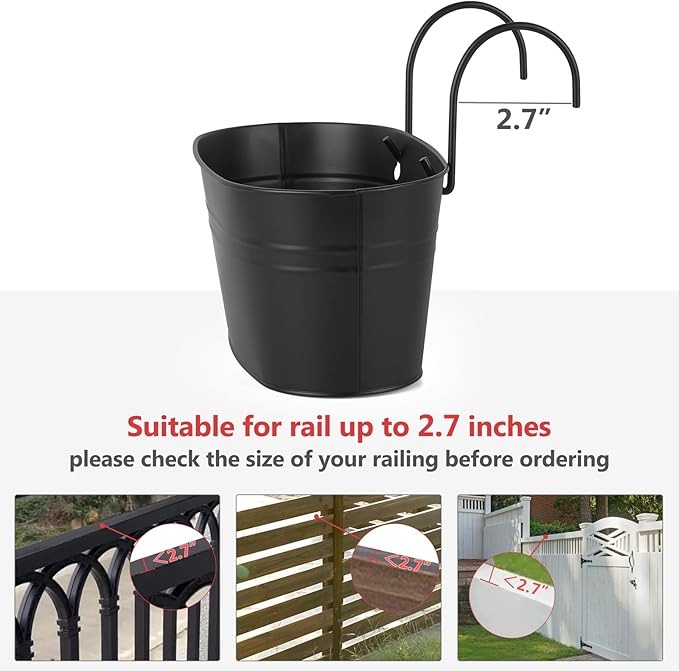 Dahey 3 Pcs Metal Hanging Flower Pots for Railing Fence 10.6 Inch Wall Planters for Indoor Plants Outdoor Countryside Window Flower Holder with Hooks Drainage Holes for Garden Yard Home Decor, Black