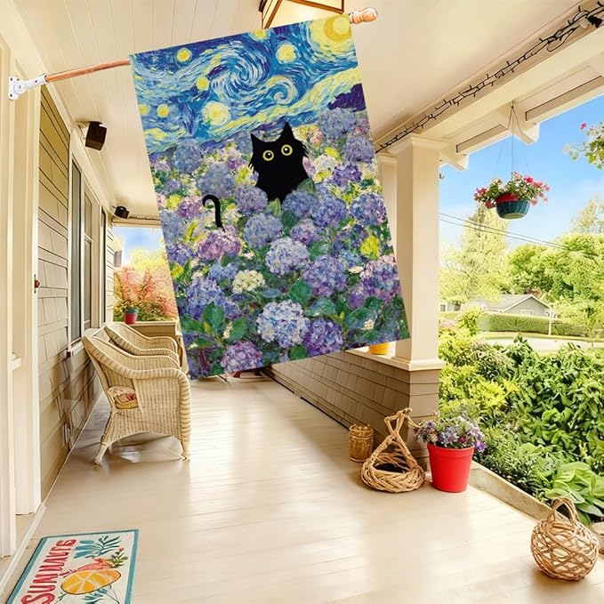 Baccessor Spring Summer Cat House Flag 28x40 Inch Double Sided Burlap, Hydrangea Flowers Starry Night Large Flags Welcome Porch Patio Yard Seasonal Farmhouse Outside Outdoor Decor