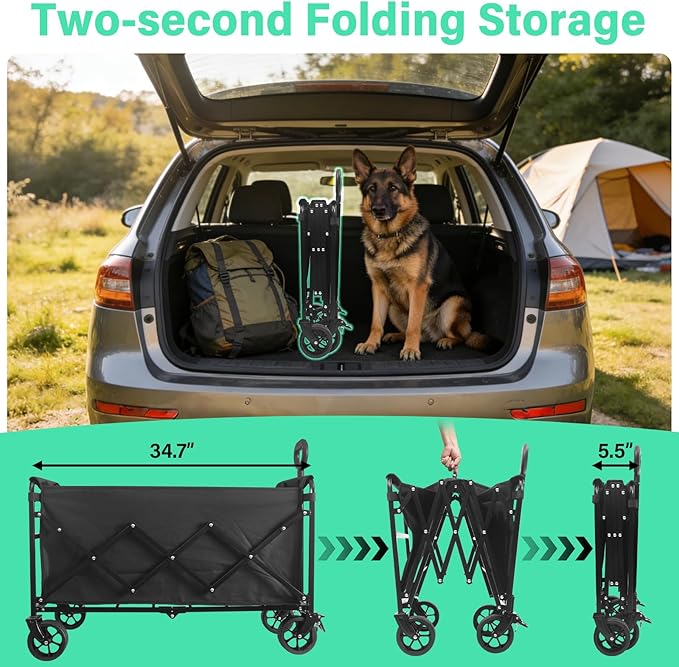 Folding Wagon Cart with All-Terrain Wheels – Heavy Duty Collapsible Utility Wagon for Grocery, Sports, Garden, Camping, Shopping (Black 500LBS)