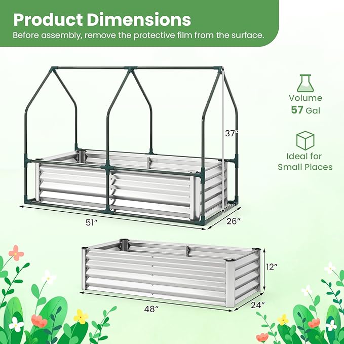 HAPPYGRILL 4 x 2 x 3 FT Galvanized Raised Garden Bed with Cover, Metal Elevated Planter Box with Dual Roll-up Windows for Vegetables Herbs Flowers, Mini Greenhouse for Outdoor Patio Balcony (Sliver)