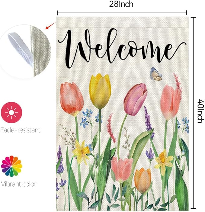 CROWNED BEAUTY Spring House Flag Floral 28x40 Inch Double Sided for Outside Tulips Welcome Burlap Large Yard Holiday Flag CF743-40