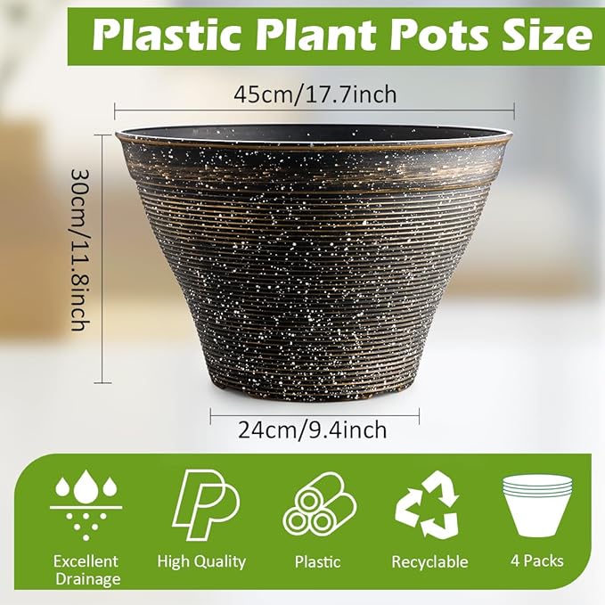 RooTrimmer 17.7 Inch Large Planters for Indoor Outdoor Plants 4 Pack, Plastic Plant Pots with Drainage Holes, Modern Decorative Garden Pots, Plant Container for Planting Ornamental Plants, Black