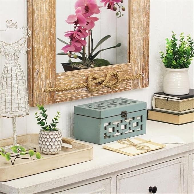 Pemberly Row Set of 2 Distressed Mirrored Wood Boxes, Blue Finish, Geometric Mirror Overlay, Hinged Lids, Synthetic Fabric Lining, Large and Small Keepsake Storage for Bedrooms, Entryways, or Mantles