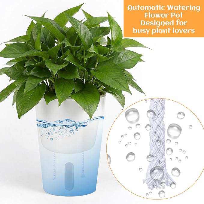 8 Sets Self Watering Pots for Indoor Plants, 4 Inch White Small Self Watering Planters Plastic Garden Pots with Water Level Indicator & Vents for All House Plants, Flowers, Succulents