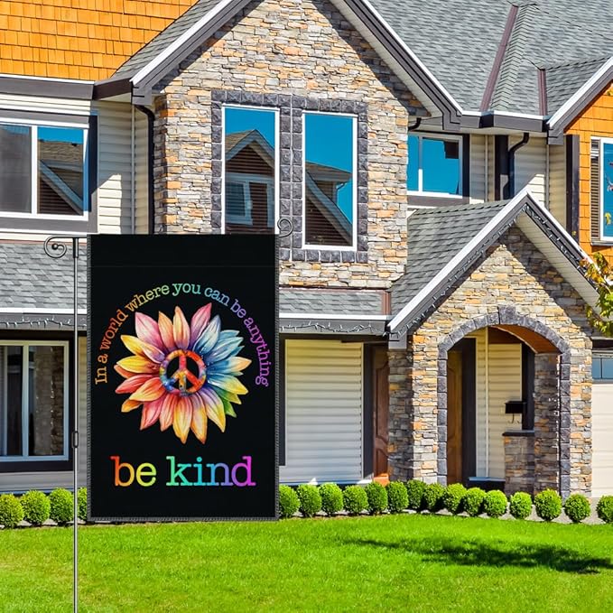 Perfectinsoy In A World Where You Can Be Anything Be Kind Retro Garden Flag, World Peace Garden Banner, Colorful Community Welcome Yard Home Holiday Indoors Outdoors Patio Decor, Daisy Front Yard Sign